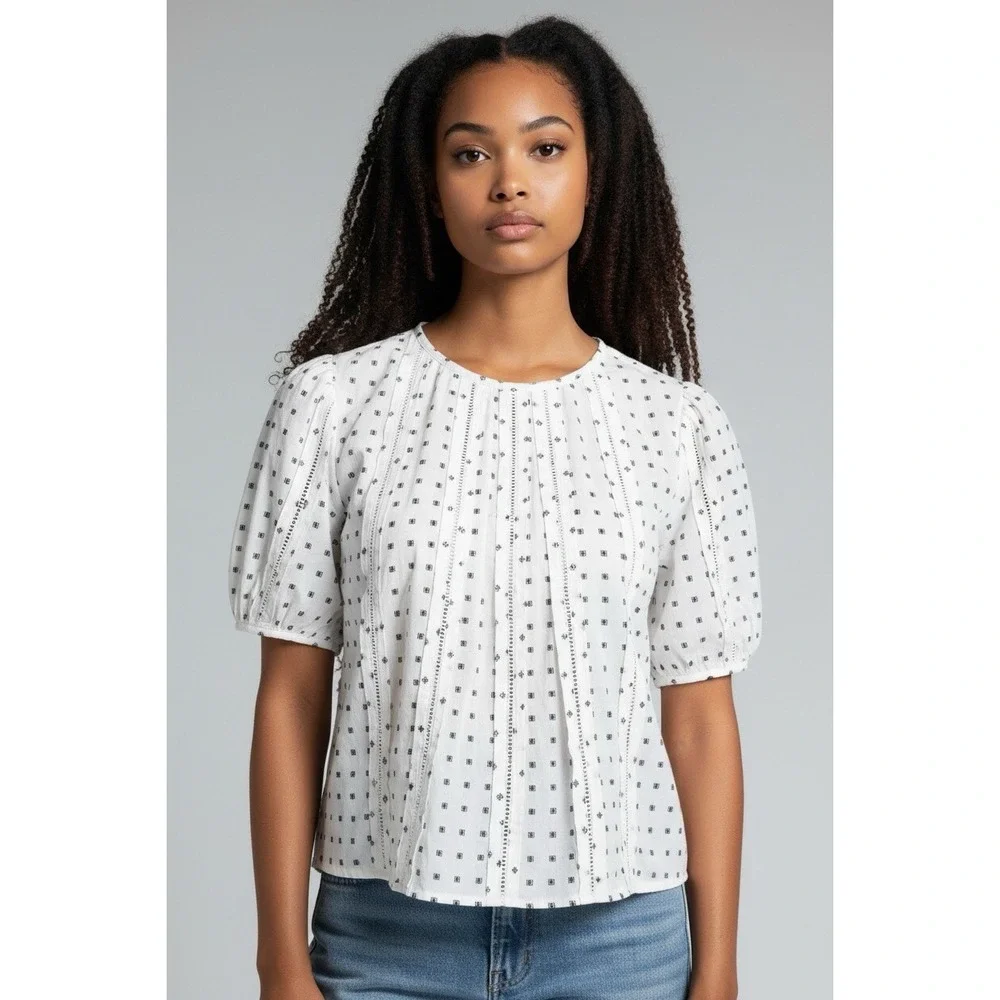 LOFT White Black Geometric Puff Short Sleeve 100% Cotton Blouse Women's XL